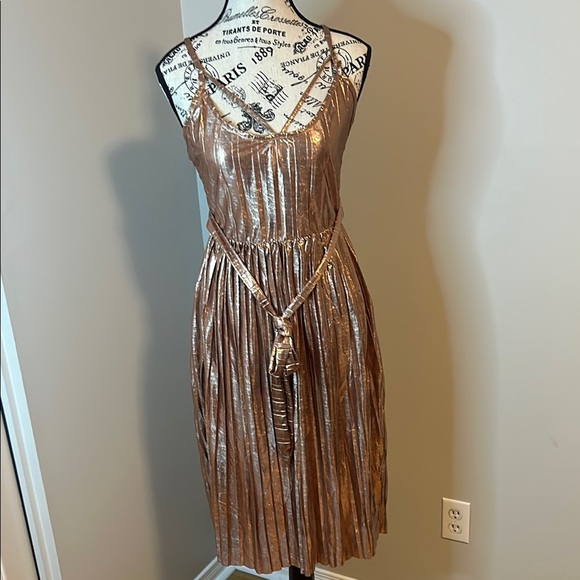 Boohoo Gold Ribbed Pleated Midi Dress - Picture 4 of 12